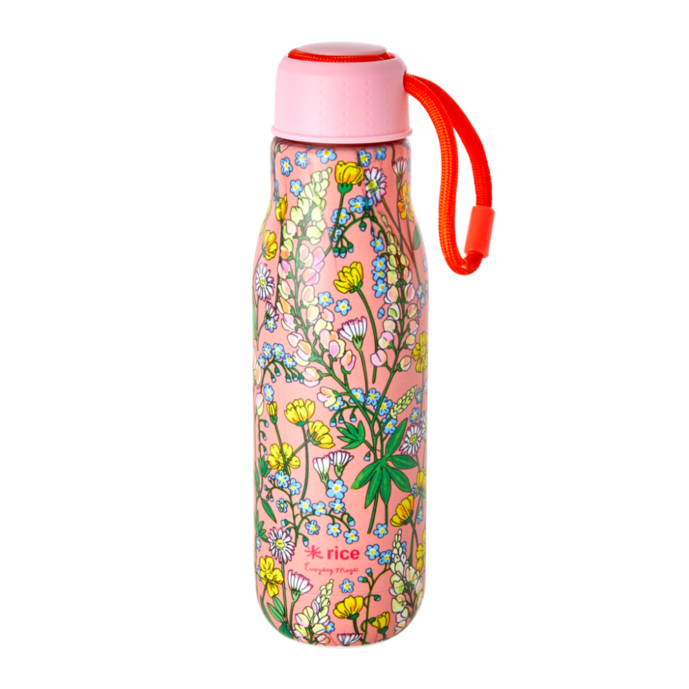 Pink Lupin Print Stainless Steel Water Bottle By Rice DK